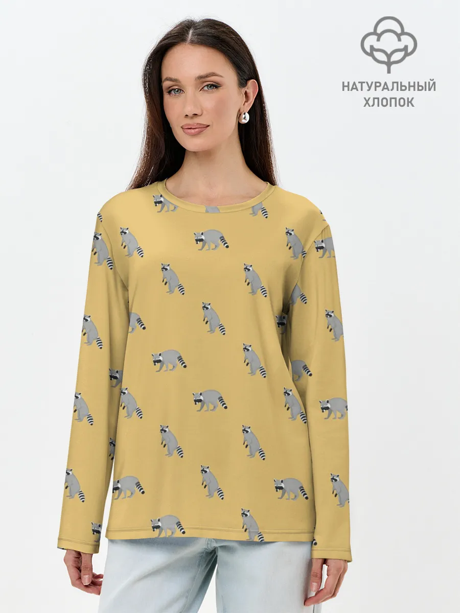 Лонгслив женский. Хлопок / Еноты паттерн