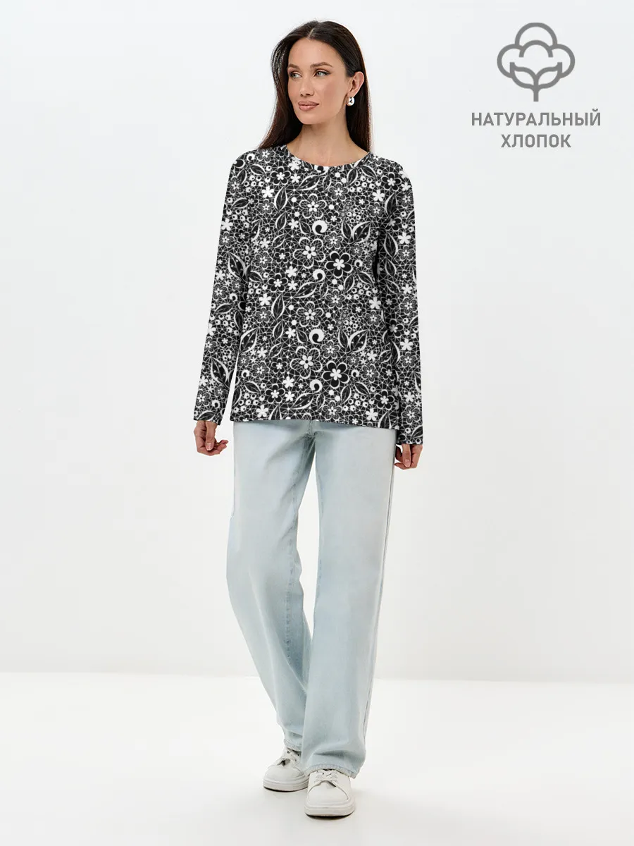Лонгслив женский. Хлопок / Кружевной черно белый узор