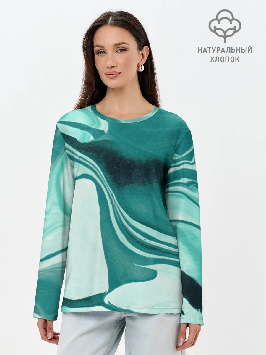 Лонгслив женский. Хлопок / красочный зелёный развод