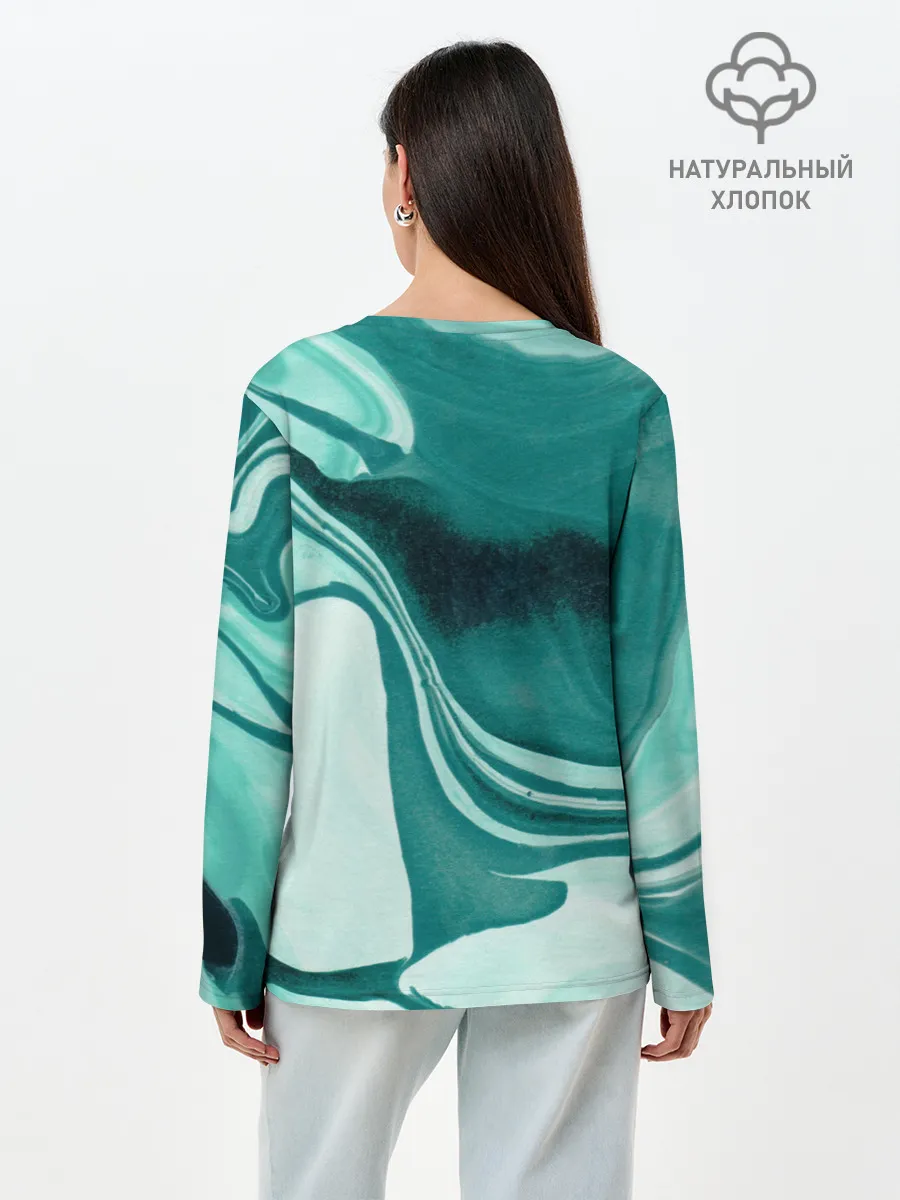Лонгслив женский. Хлопок / красочный зелёный развод