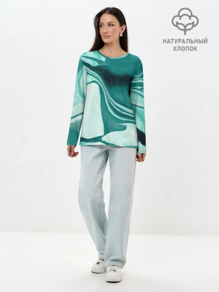Лонгслив женский. Хлопок / красочный зелёный развод