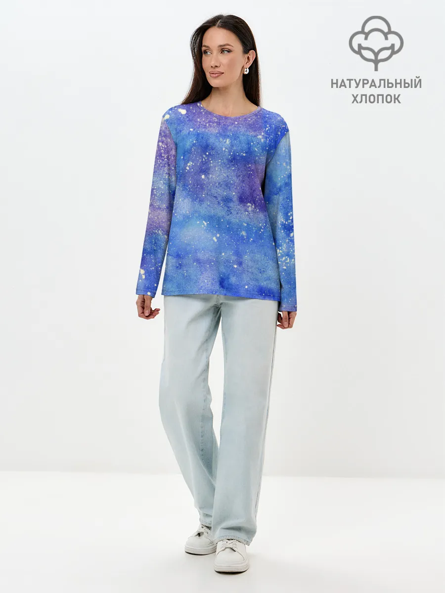 Лонгслив женский. Хлопок / Акварельные разводы и брызги красок