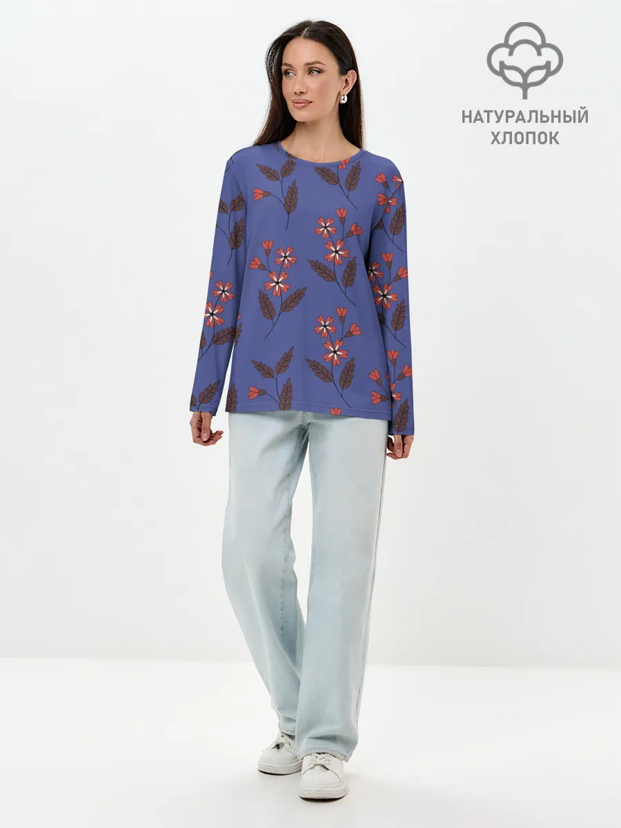 Лонгслив женский. Хлопок / Цветы на синем фоне