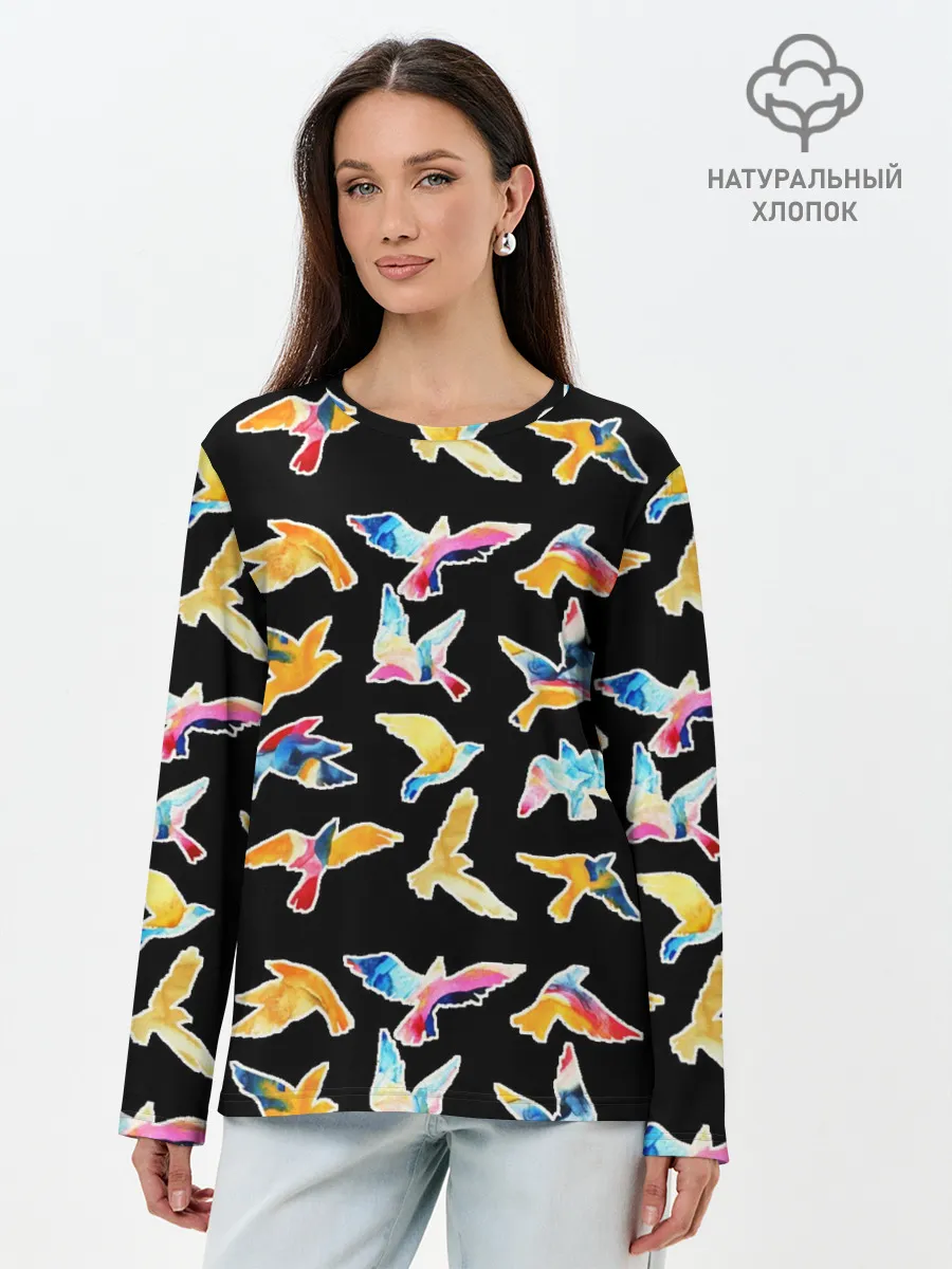 Лонгслив женский. Хлопок / акварельные птицы