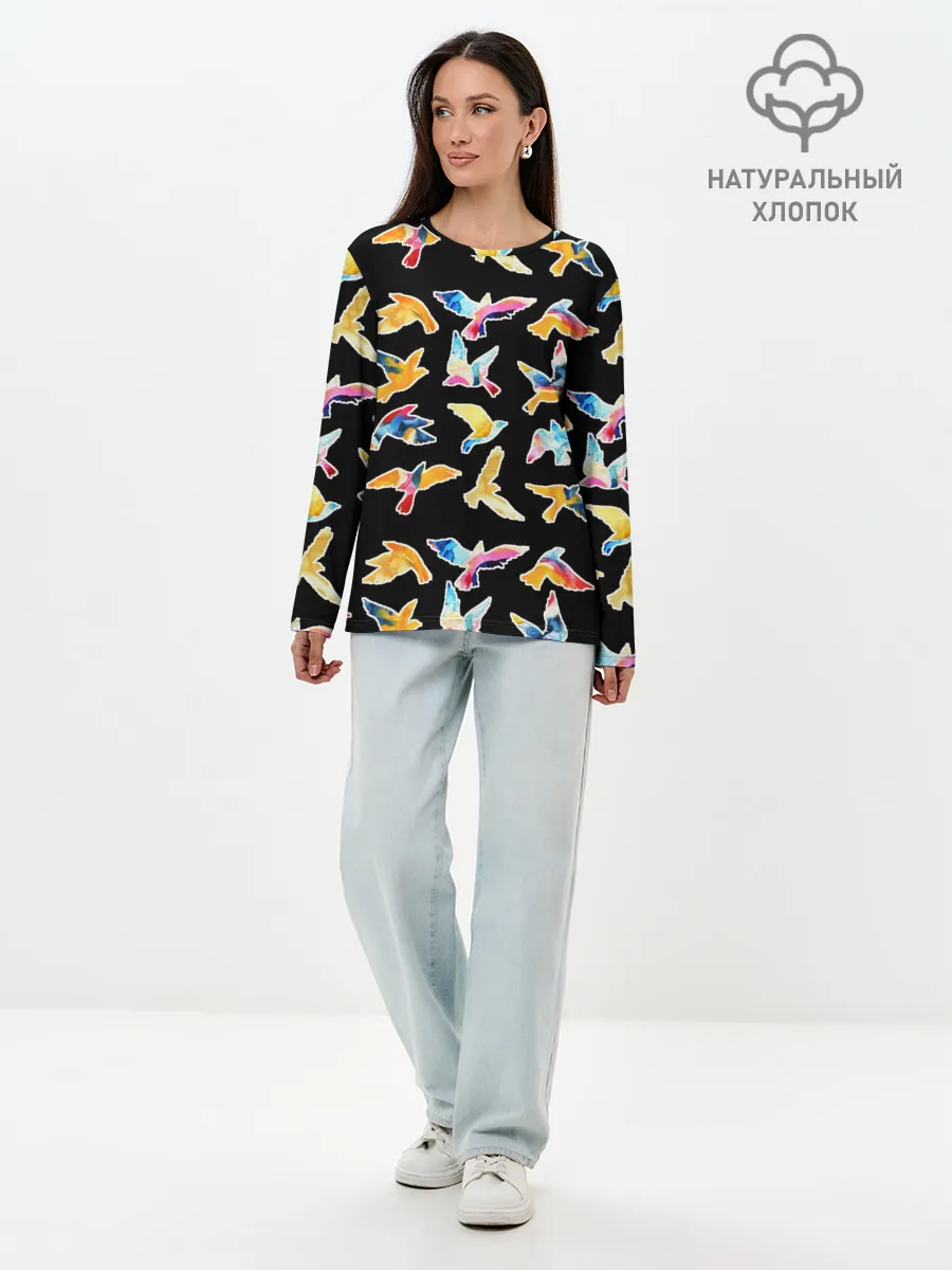 Лонгслив женский. Хлопок / акварельные птицы