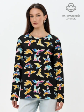 Лонгслив женский. Хлопок / парящие акварельные птицы