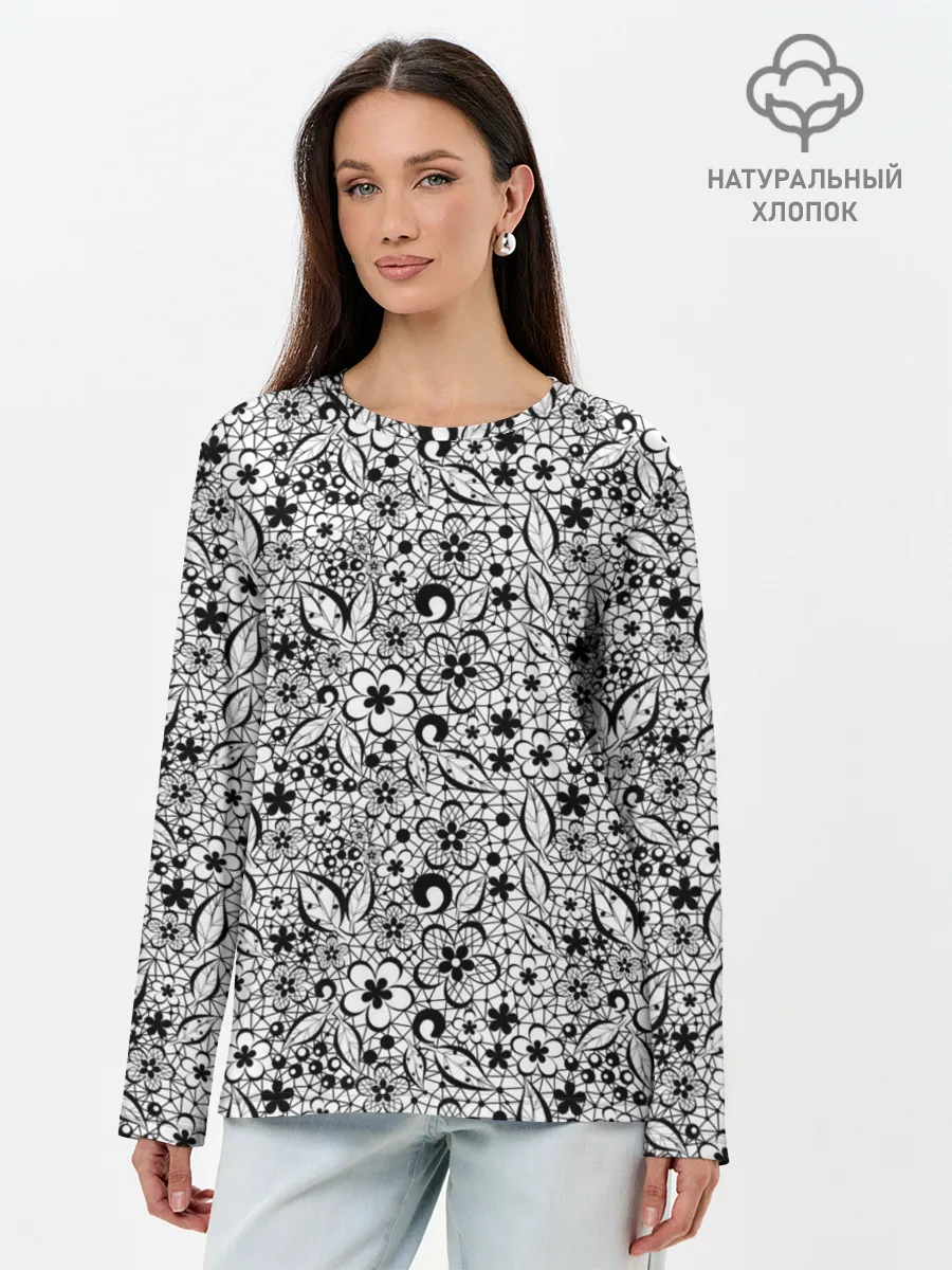 Лонгслив женский. Хлопок / Черное кружево цветочное