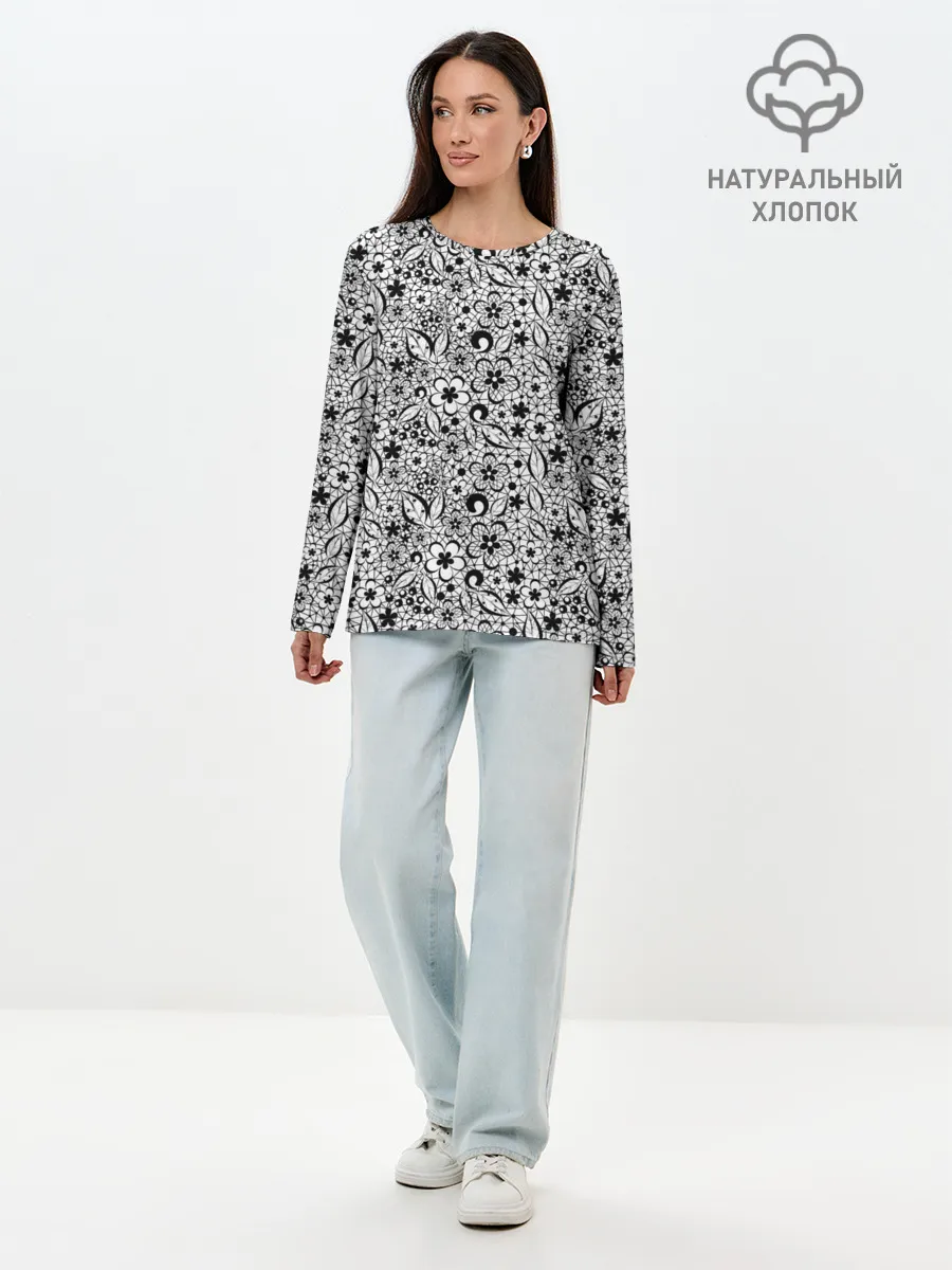 Лонгслив женский. Хлопок / Черное кружево цветочное