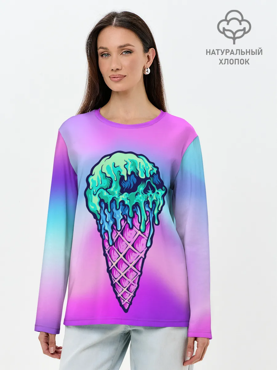 Лонгслив женский. Хлопок / Мороженое | Ice Scream | Череп