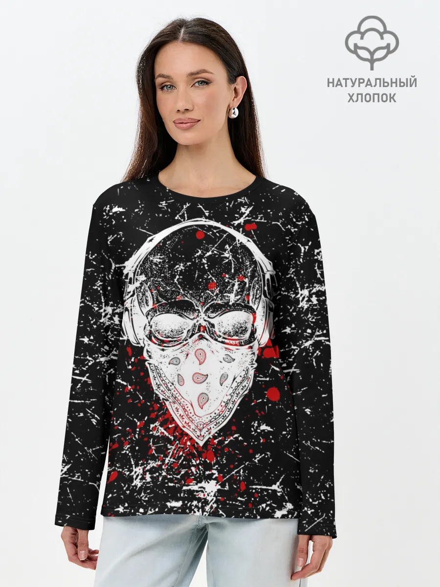 Лонгслив женский. Хлопок / Брызги Череп Хипстер Гранж
