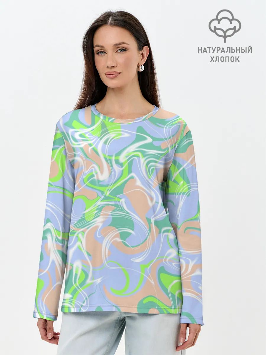 Лонгслив женский. Хлопок / Разноцветные разводы красок