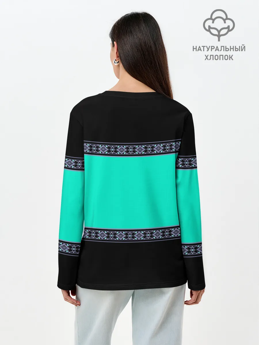 Лонгслив женский. Хлопок / Черно-бирюзовый узор