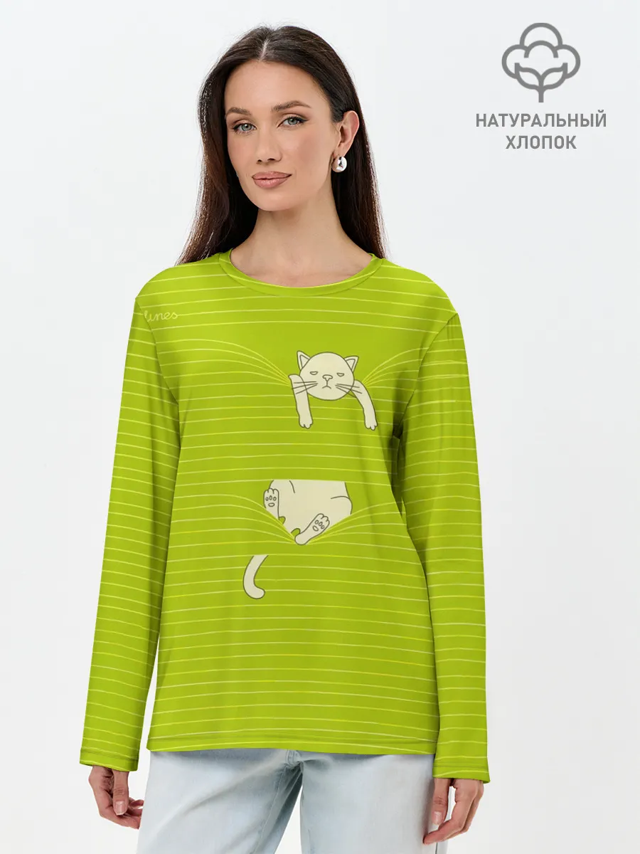 Лонгслив женский. Хлопок / Котик запутался в нитках