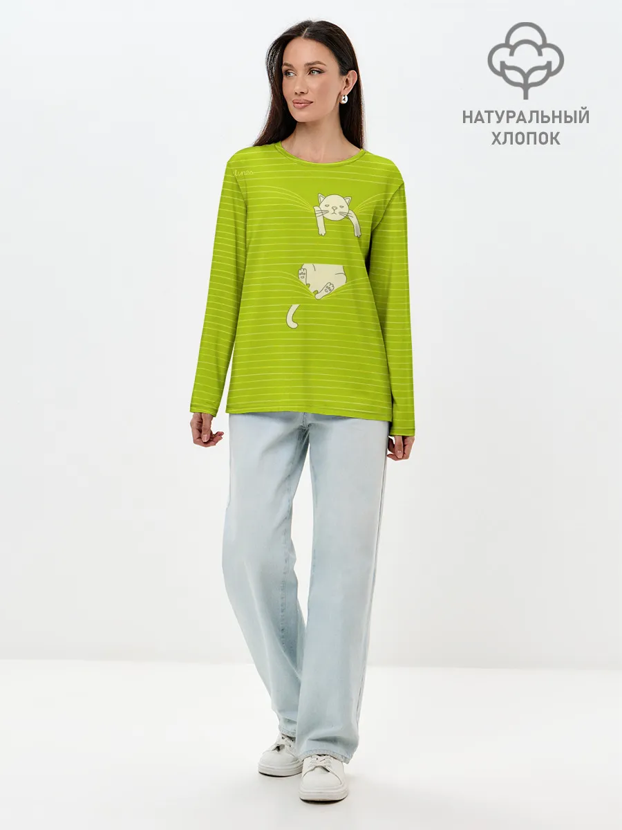 Лонгслив женский. Хлопок / Котик запутался в нитках