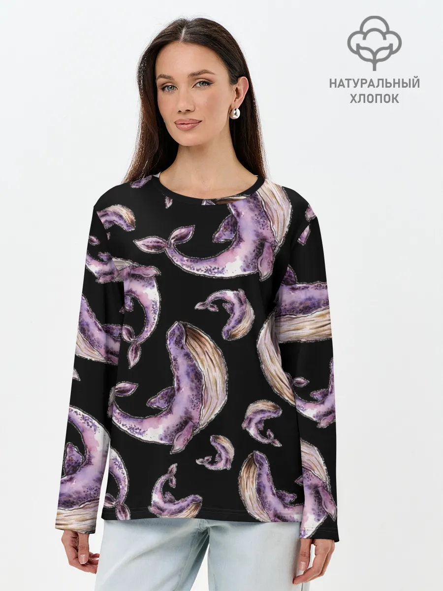 Лонгслив женский. Хлопок / Лиловые киты