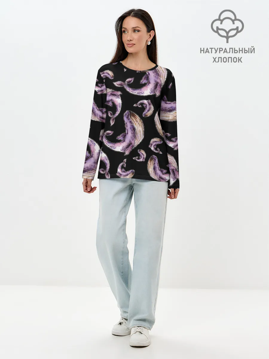 Лонгслив женский. Хлопок / Лиловые киты