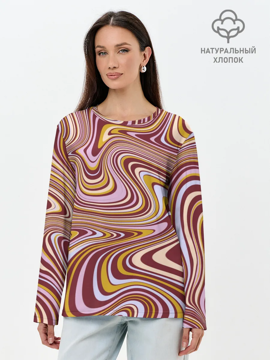 Лонгслив женский. Хлопок / Красно-золотые разводы красок паттерн