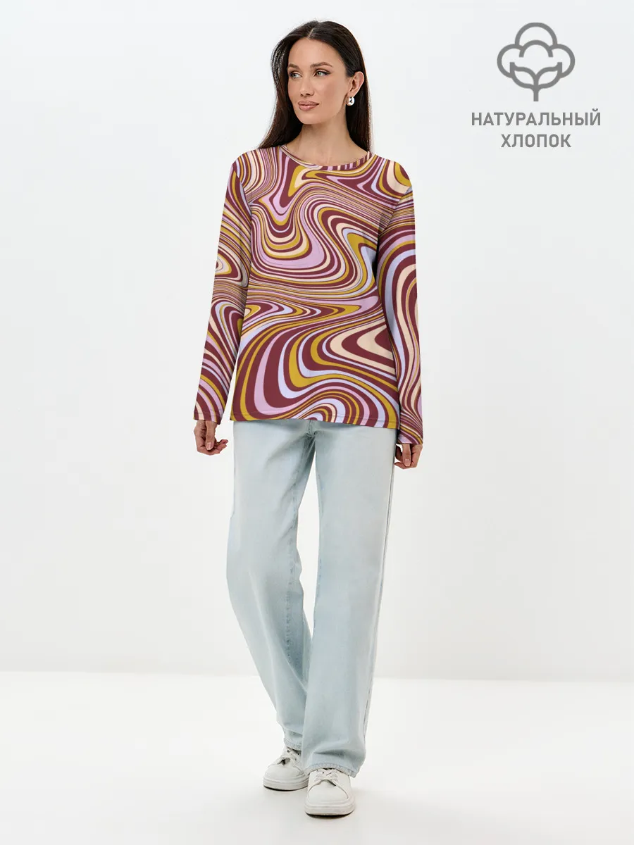 Лонгслив женский. Хлопок / Красно-золотые разводы красок паттерн