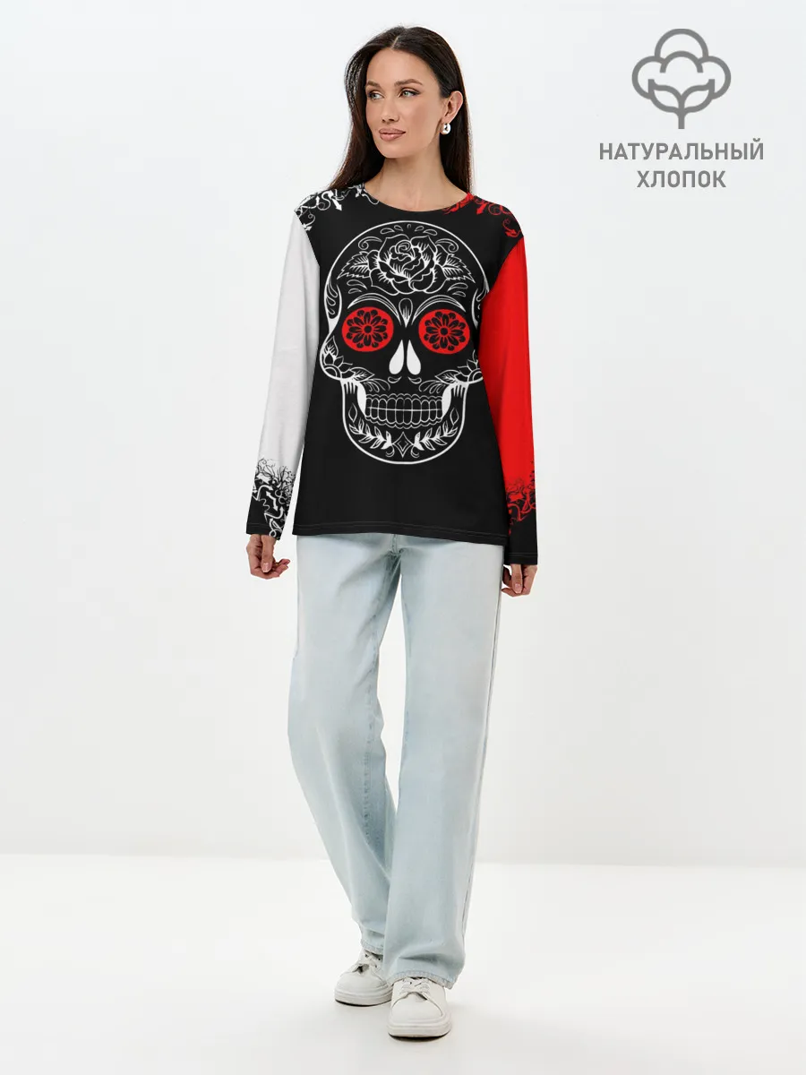 Лонгслив женский. Хлопок / Red White Skull - Череп