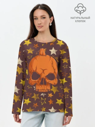 Лонгслив женский. Хлопок / Череп-тыква