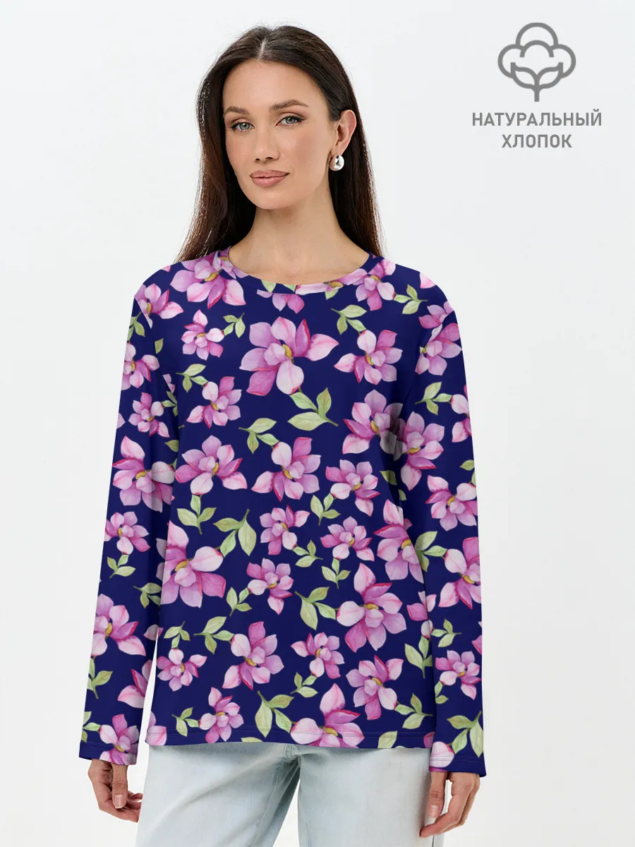 Лонгслив женский. Хлопок / Акварельные цветы Магнолии