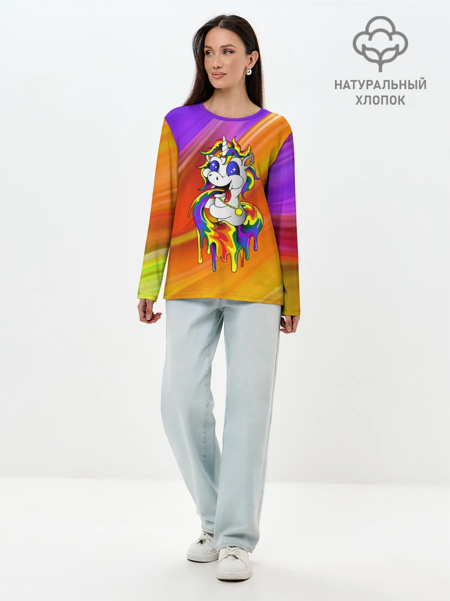 Лонгслив женский. Хлопок / Единорог | Unicorn | Rainbow