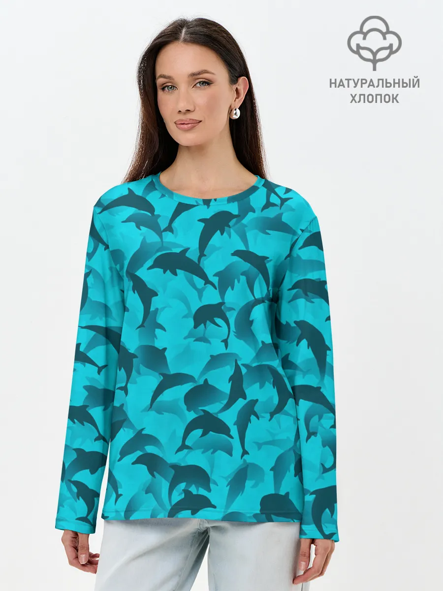 Лонгслив женский. Хлопок / Синий камуфляж с дельфинами