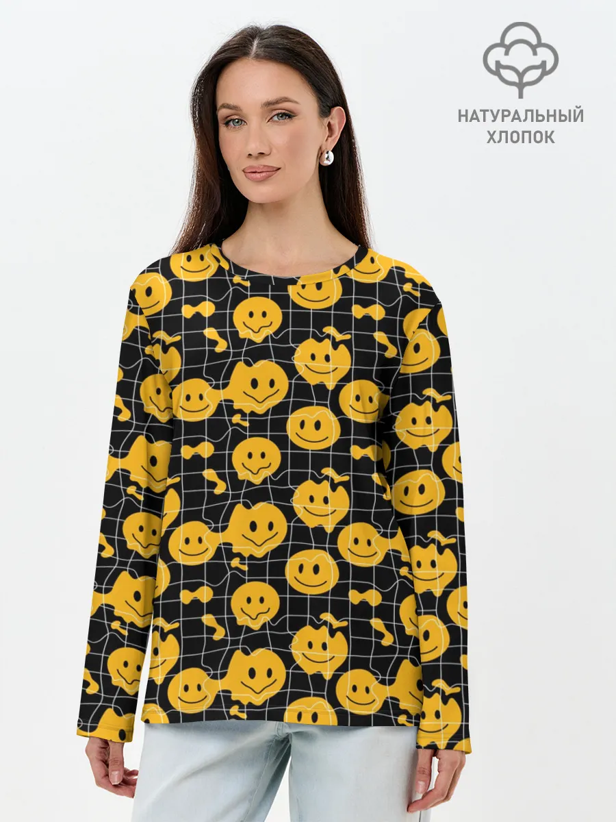 Лонгслив женский. Хлопок / Психоделические смайлы