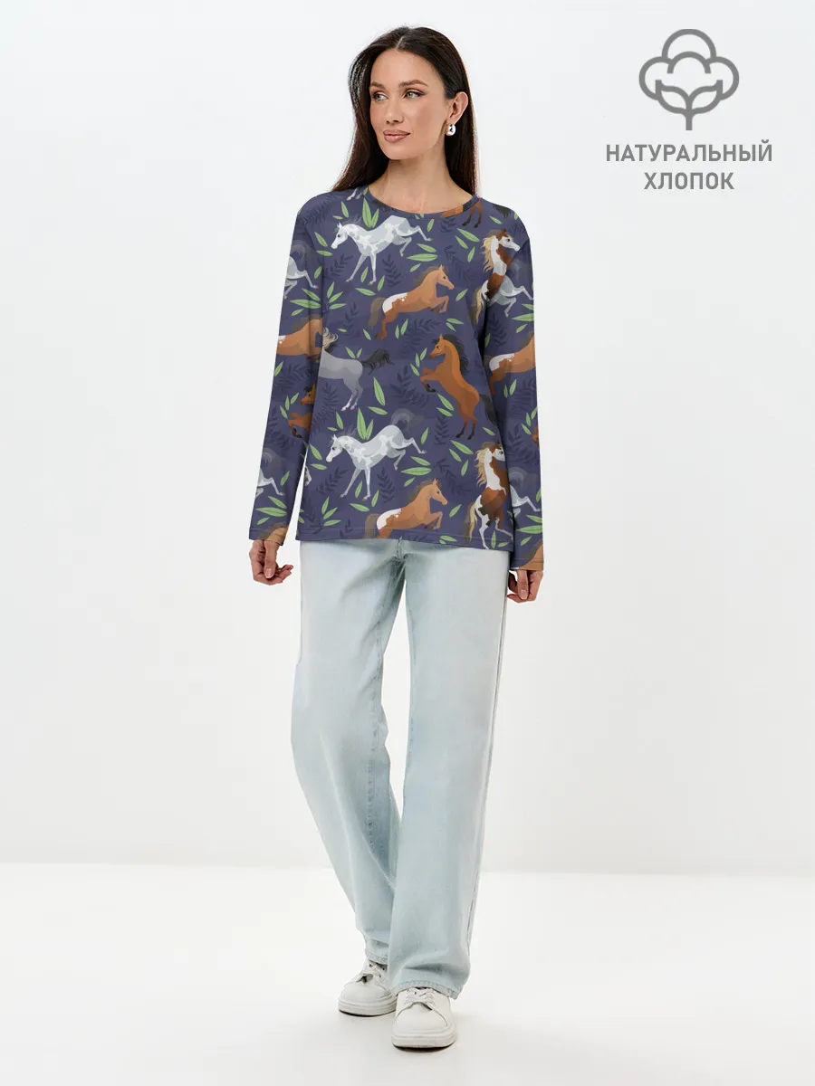 Лонгслив женский. Хлопок / Лошадки узор