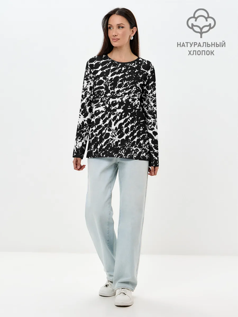 Лонгслив женский. Хлопок / Хаос белого на черном