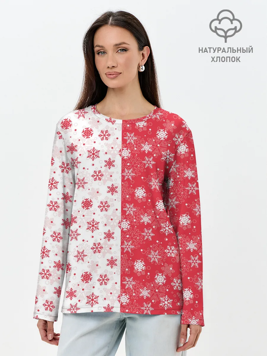 Лонгслив женский. Хлопок / Снежинки - новогодние узоры