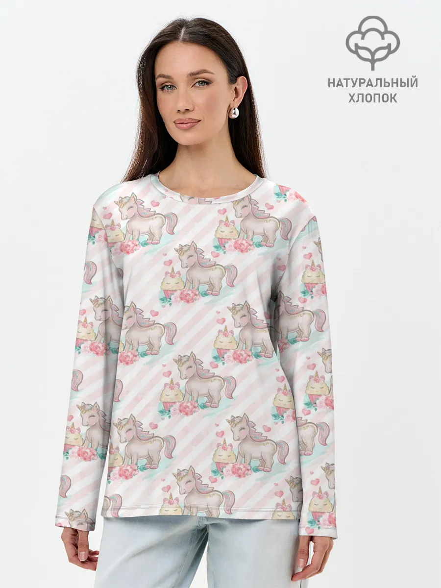 Лонгслив женский. Хлопок / Единороги паттер