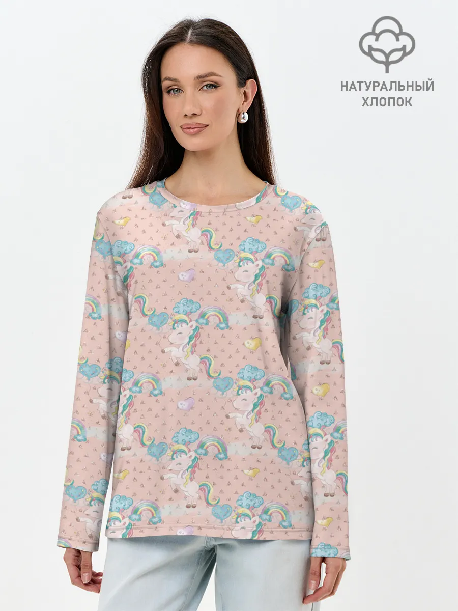 Лонгслив женский. Хлопок / Единороги из паттерна