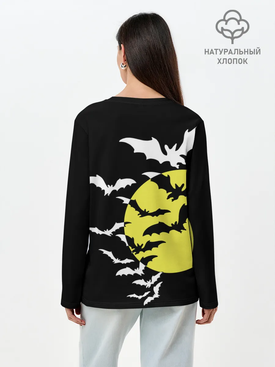 Лонгслив женский. Хлопок / Летучие мыши на Хэллоуин