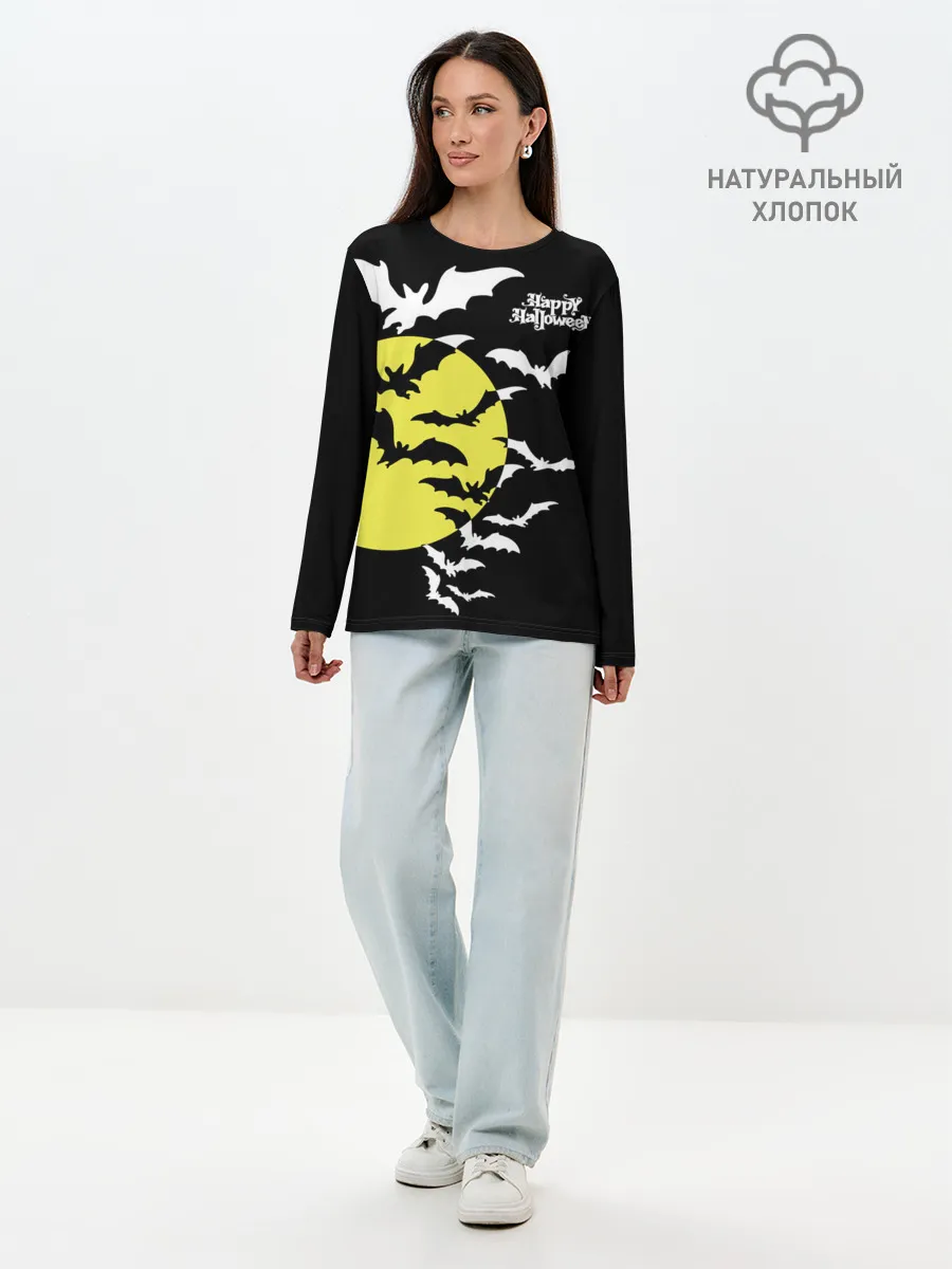 Лонгслив женский. Хлопок / Летучие мыши на Хэллоуин
