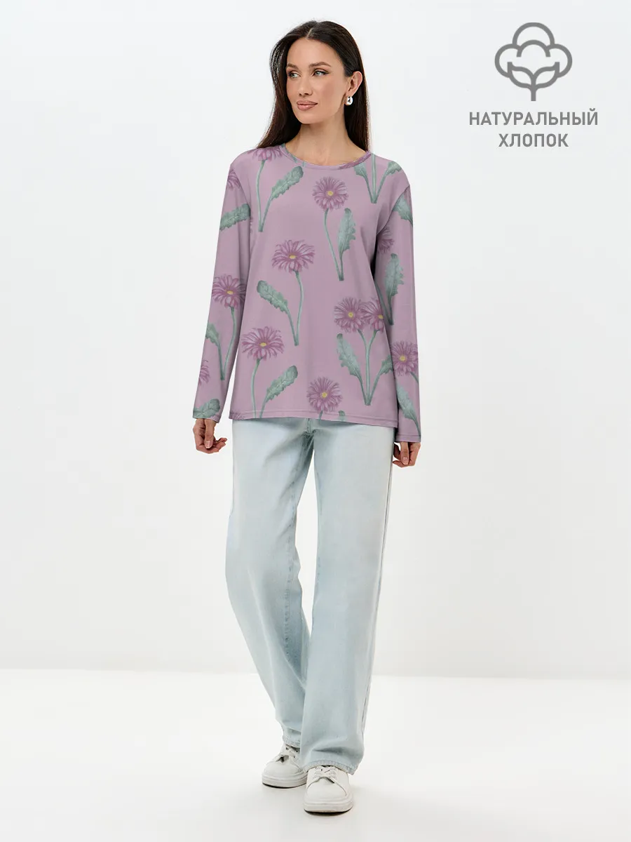 Лонгслив женский. Хлопок / Розовые герберы на розовом фоне