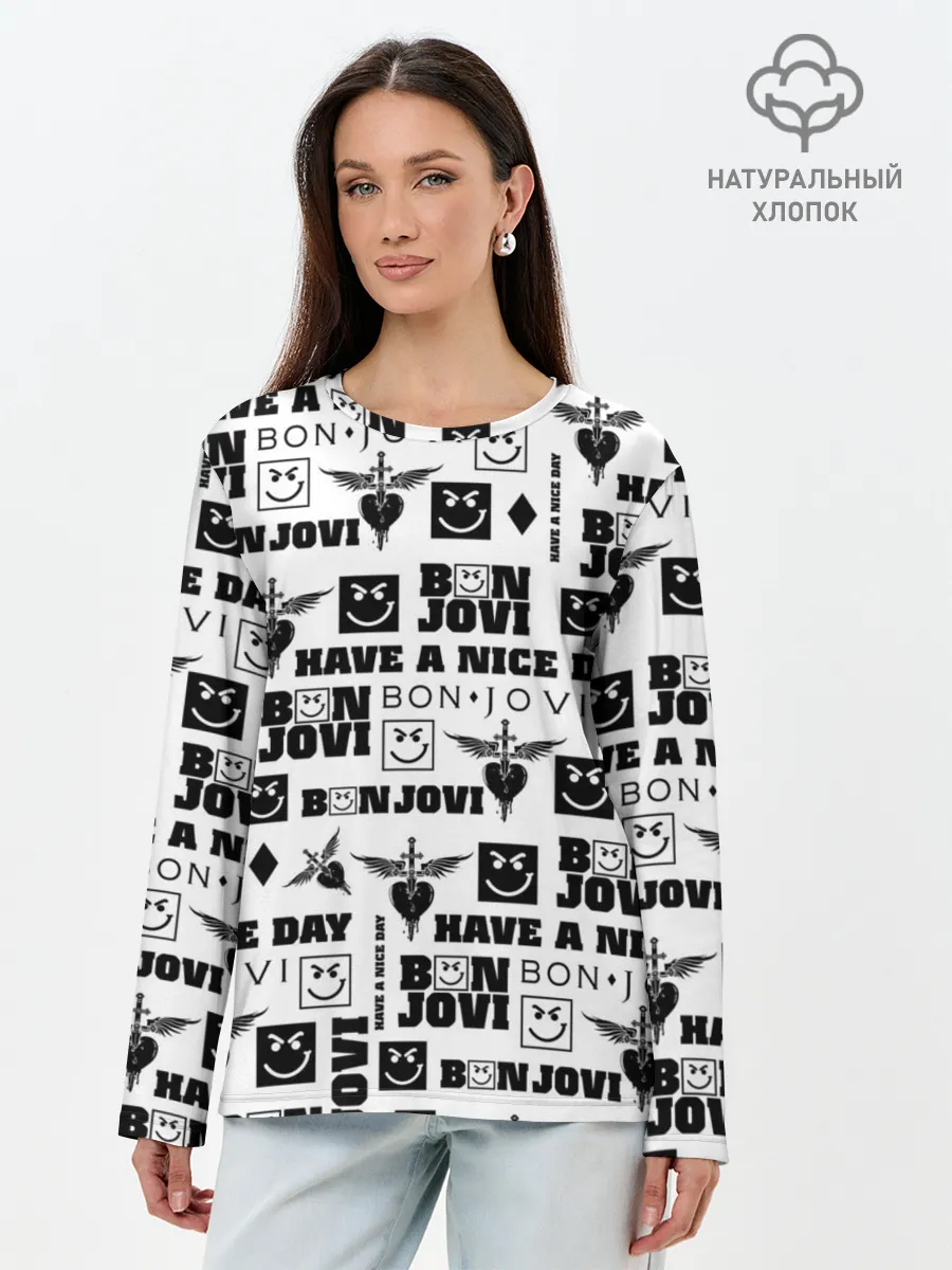 Лонгслив женский. Хлопок / BON JOVI ЛОГОБОМБИНГ | БОН ДЖОВИ ПАТТЕРН