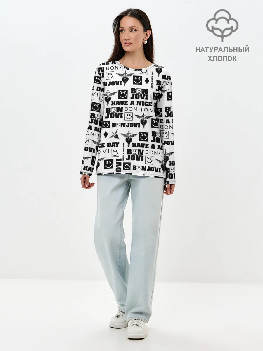 Лонгслив женский. Хлопок / BON JOVI ЛОГОБОМБИНГ | БОН ДЖОВИ ПАТТЕРН