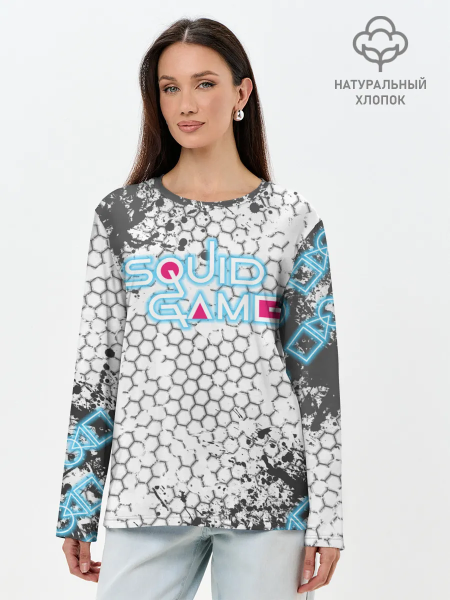 Лонгслив женский. Хлопок / Игра в кальмара Неон