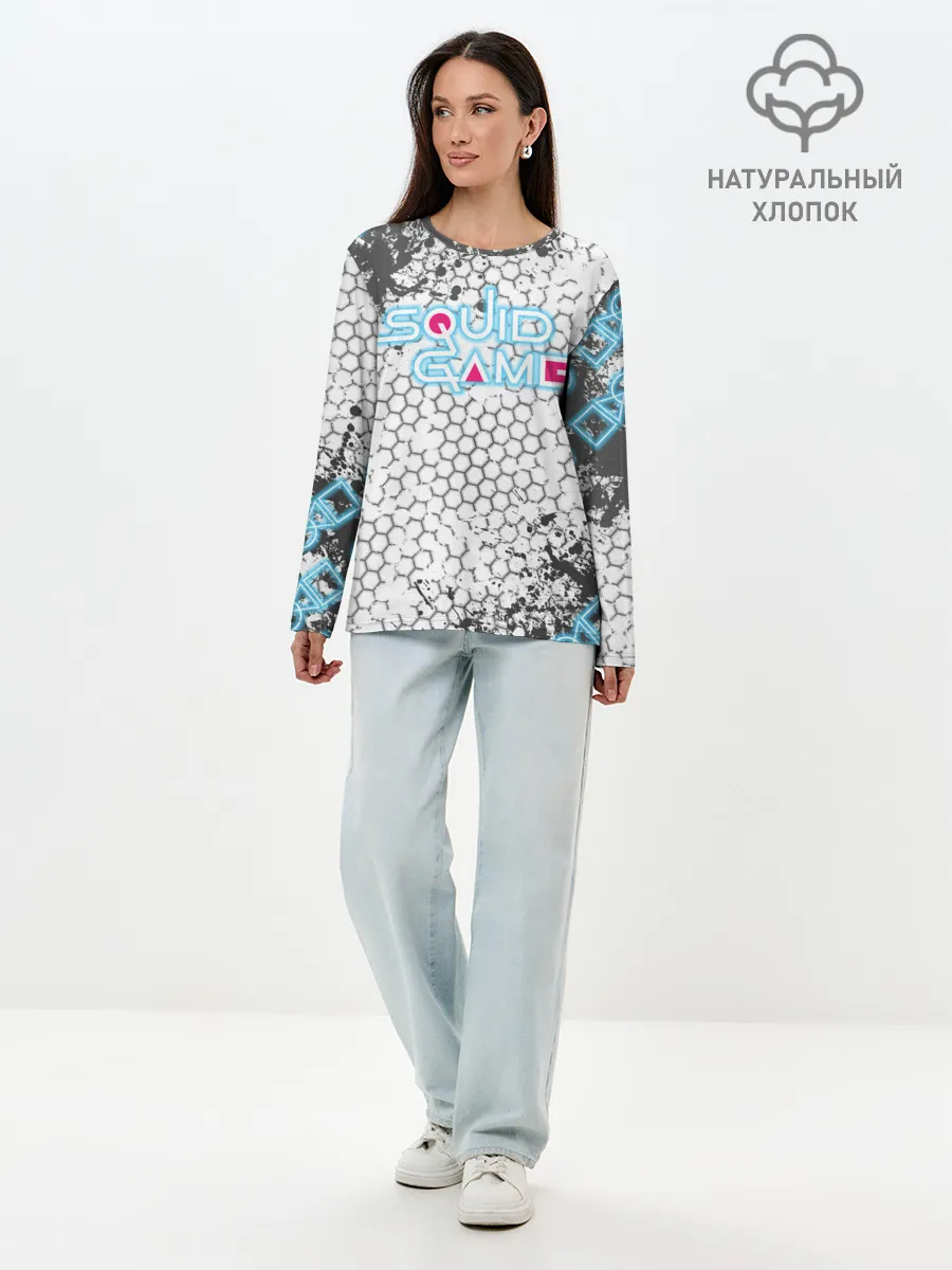 Лонгслив женский. Хлопок / Игра в кальмара Неон