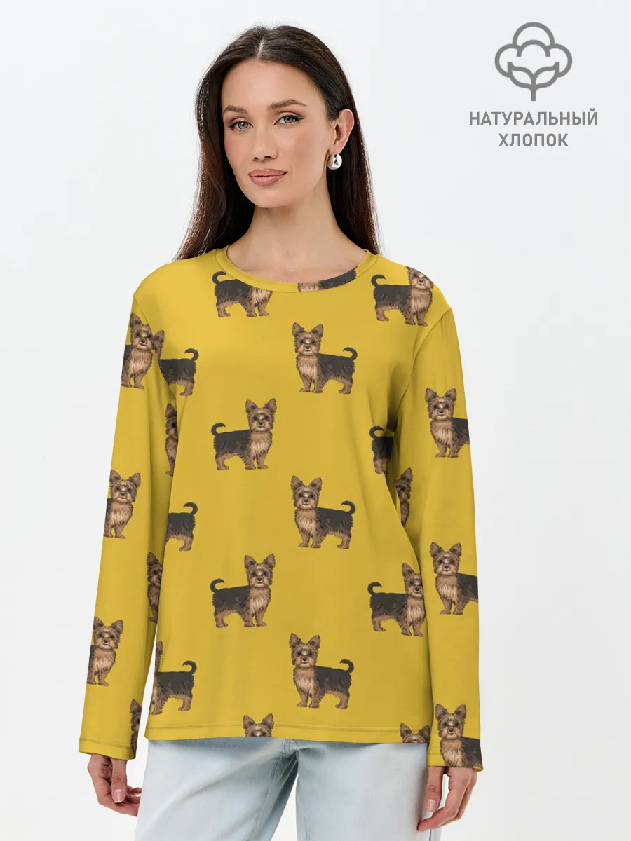 Лонгслив женский. Хлопок / Йоркширский терьер паттерн
