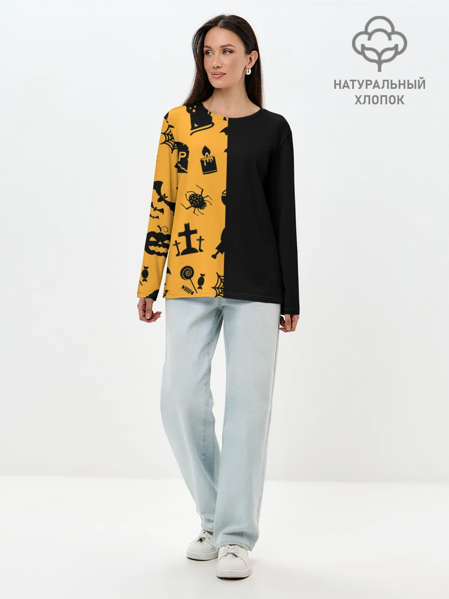 Лонгслив женский. Хлопок / ЧЕРНО-ОРАНЖЕВЫЙ ХЭЛЛОУИН