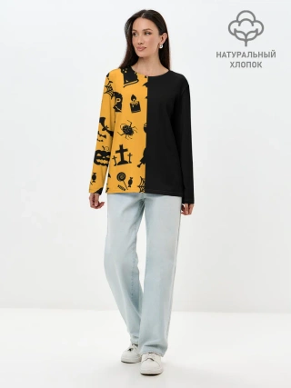 Лонгслив женский. Хлопок / ЧЕРНО-ОРАНЖЕВЫЙ ХЭЛЛОУИН
