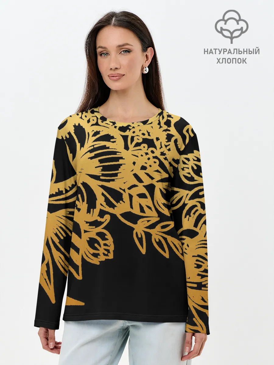 Лонгслив женский. Хлопок / Золотые цветы на белом