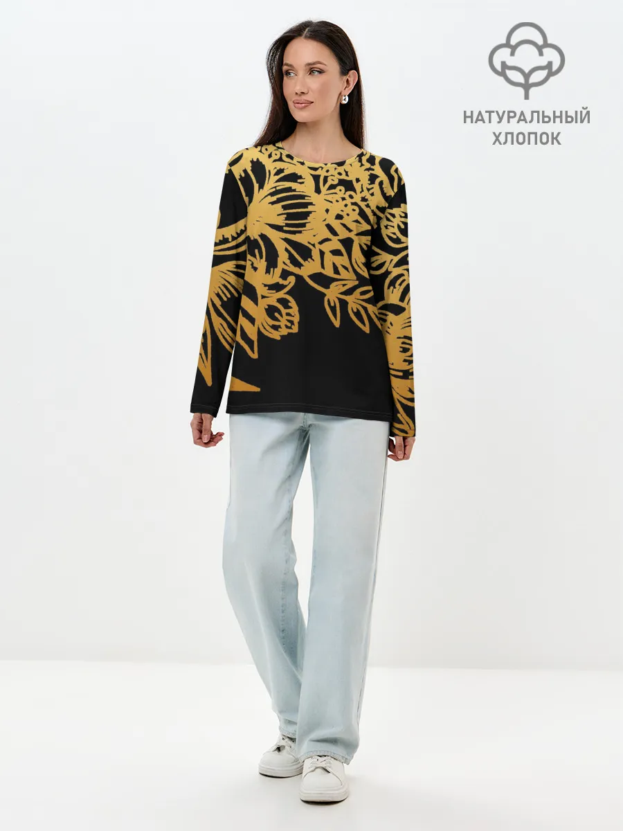 Лонгслив женский. Хлопок / Золотые цветы на белом