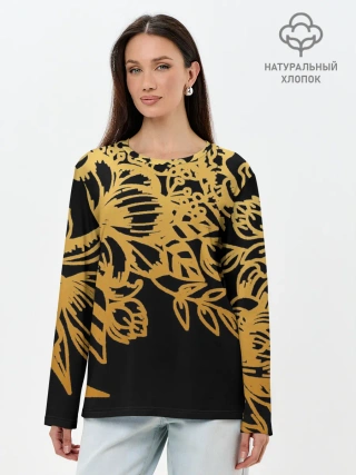 Лонгслив женский. Хлопок / Золотые цветы на белом