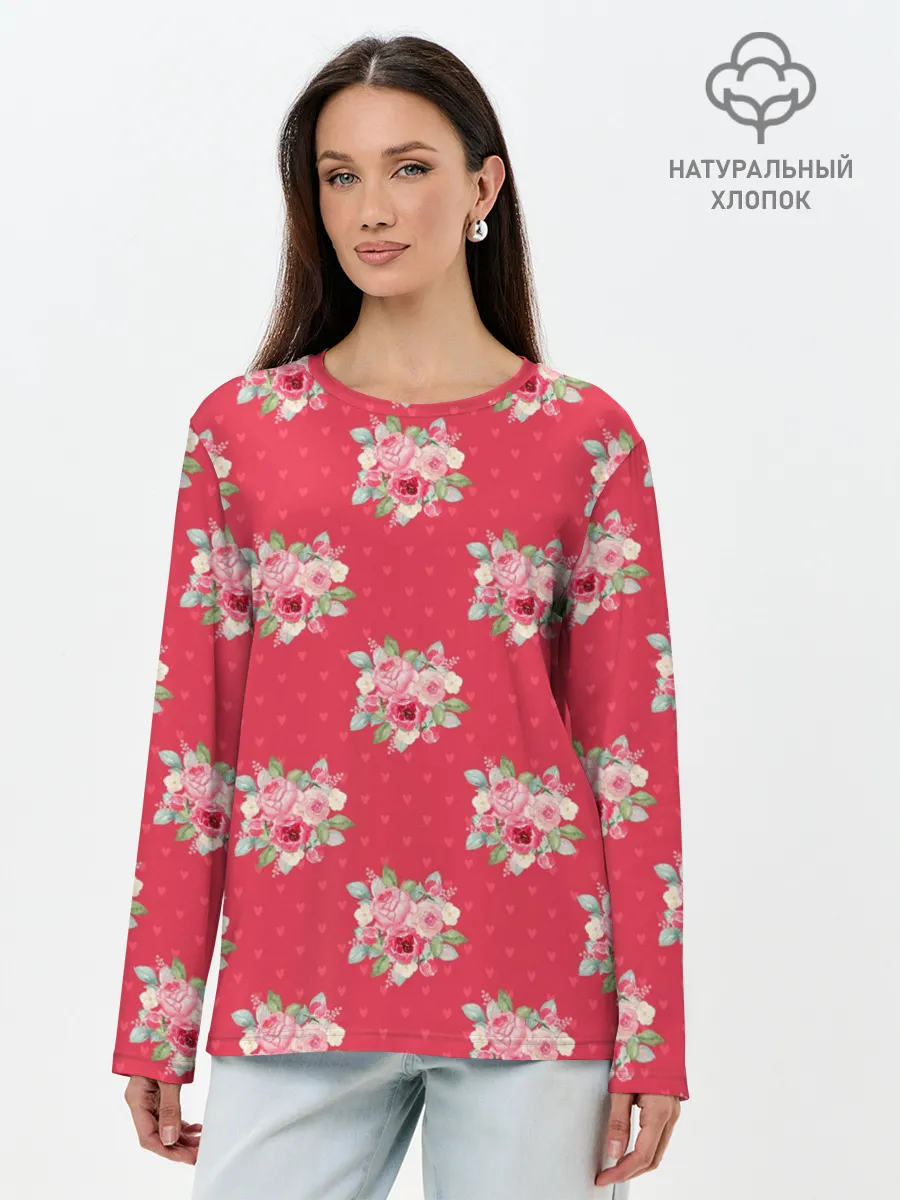 Лонгслив женский. Хлопок / Красные цветы розы
