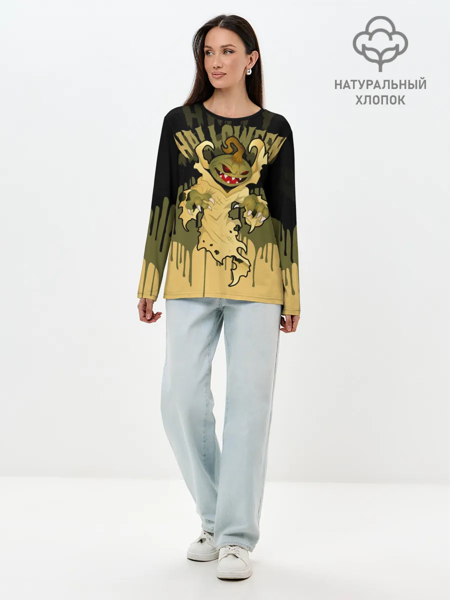 Лонгслив женский. Хлопок / Тыква в ночь мертвецов