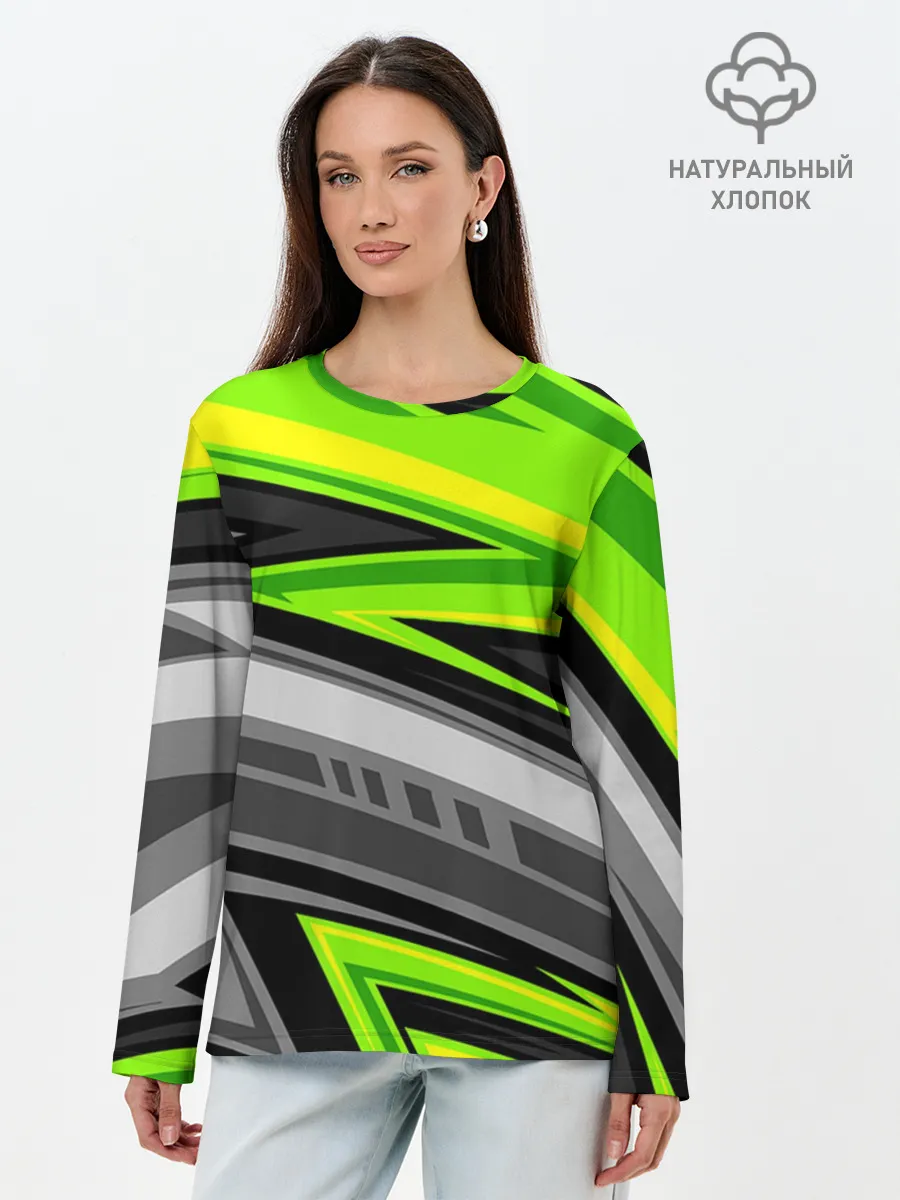 Лонгслив женский. Хлопок / Зеленые линии
