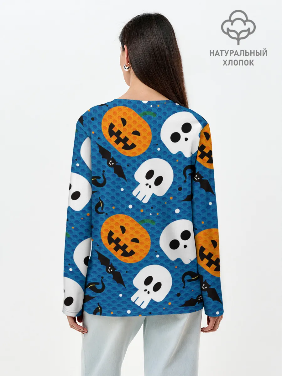 Лонгслив женский. Хлопок / ЧЕРЕПА И ТЫКВЫ | HALLOWEEN